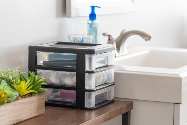 Plastic Stacking Desk Top 3-Drawer Storage Organizer, 2-Pack, for Makeup Vanity Nail Polish Bathroom Stationery Art Craft Supplies Kitchen Office Garage and Small Organization, Small, Black
