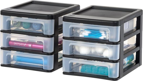 Plastic Stacking Desk Top 3-Drawer Storage Organizer, 2-Pack, for Makeup Vanity Nail Polish Bathroom Stationery Art Craft Supplies Kitchen Office Garage and Small Organization, Small, Black