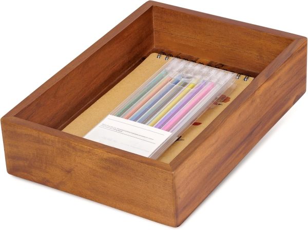 Acacia Wood Desk Organizer Tray - 9.5x6.7x2 Inch Letter & Stationery Holder for Office, Entryway, Desktop - Natural Wood Catchall for Pens, Mail, Keys