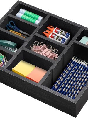 Desk Drawer Organizer Tray with 9 Adjustable Compartments, Wooden Office Desk Accessories Supplies Organization Storage for Desktop Bathroom Vanity Makeup Black