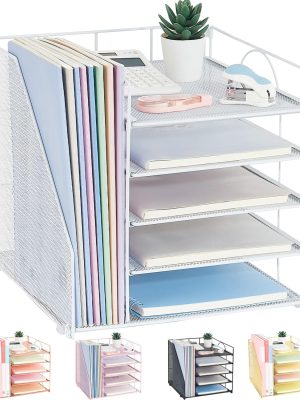 Desk Organizers and Accessories, 5-Tier Paper Letter Tray Organizer with File Holder, Desktop Organizer for Office Supplies, Office Desk Accessories & Workspace (White)