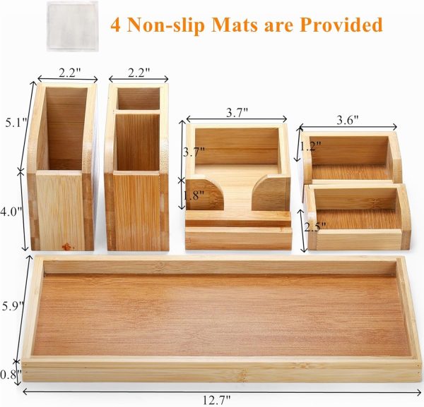 Bamboo Desk Organizer Tray, 7 Pieces Adjustable Office Supplies Pencil Stationery Caddy, Small Desktop Organizer Pen Holder, Desk Organization Storage Boxes and Accessories for Office