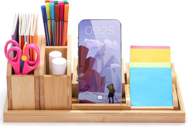 Bamboo Desk Organizer Tray, 7 Pieces Adjustable Office Supplies Pencil Stationery Caddy, Small Desktop Organizer Pen Holder, Desk Organization Storage Boxes and Accessories for Office