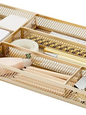 Desk Drawer Organizer Tray for Office Organization - Metal Mesh - Storage Tray with Dividers for Pens, Desktop Accessories, Bathroom, Kitchen, Makeup and Office Supplies (Small, Gold)