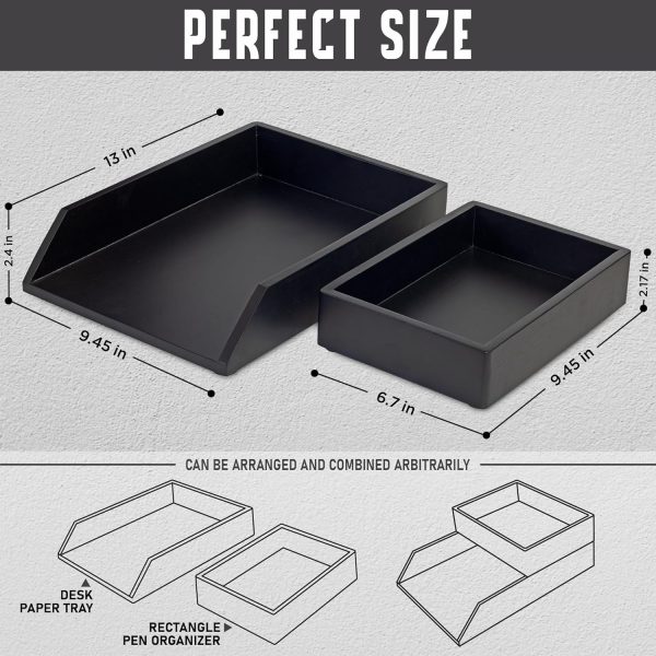 Desk Organizer Letter Tray Set of 2, Acacia Wood Tabletop Desktop for Storage Paper Letter Folders Notebooks Copy Print, Workspace Holder, Keep Stationery Saver (Black)