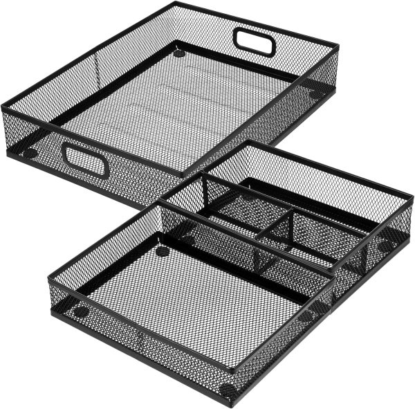 Desk Drawer Organizer, Office Drawer Divider Organizer Tray 3 Pack, Metal Mesh Desktop Organization and Accessories for Stationery Makeup Kitchen Toolroom Office