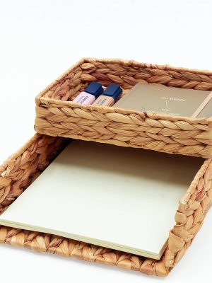Desk Organizer Letter Tray Set of 2, Woven Water Hyacinth Tabletop Desktop for Storage Paper Letter Folders Notebooks Copy Print, Workspace Holder, Keep Stationery Saver