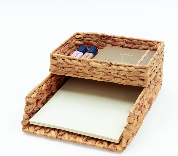 Desk Organizer Letter Tray Set of 2, Woven Water Hyacinth Tabletop Desktop for Storage Paper Letter Folders Notebooks Copy Print, Workspace Holder, Keep Stationery Saver