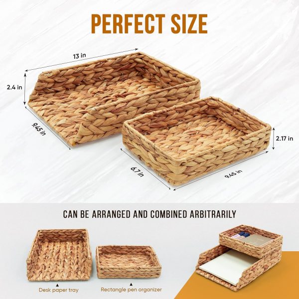 Desk Organizer Letter Tray Set of 2, Woven Water Hyacinth Tabletop Desktop for Storage Paper Letter Folders Notebooks Copy Print, Workspace Holder, Keep Stationery Saver