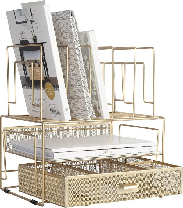 Gold Desk Organizer – Cute File Holder for Desk & Drawer Storage for Office Supplies, Paper, Devices & Folders