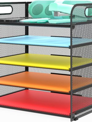 Letter Tray Paper Organizer 5-Tier Desk Organizer File Organizer Paper Holder with Handle, Metal Desktop Document Shelf Tray Office Classroom Organization - Black